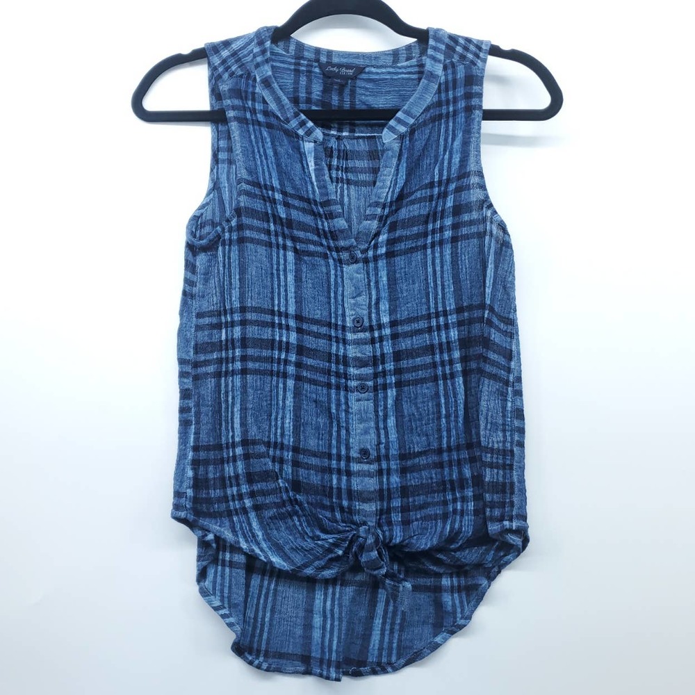 Lucky Brand Womens Sleeveless Button Down Plaid V Neck Blouse Small Blue